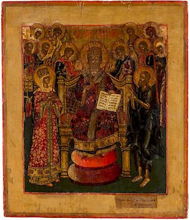 A RUSSIAN ICON SIGNED BY M. ARKHIPOVSKY OF THE EXTENDED DEESIS WITH SELECTED SAINTS, YAROSLAVL SCHOOL, 19TH CENTURY
