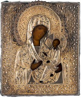 A RUSSIAN ICON OF THE TIKHVINSKAYA MOTHER OF GOD IN A GILT SILVER OKLAD, MARKED VZ IN CYRILLIC, MOSCOW, CIRCA 1863