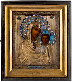 A RUSSIAN ICON OF THE KAZANSKAYA MOTHER OF GOD IN A GILT SILVER AND ENAMEL OKLAD, MARKED CK, MOSCOW, 1899-1908