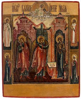 A RUSSIAN ICON OF THE ANNUNCIATION WITH SAINTS AND MARTYRS