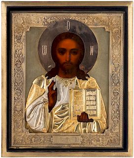 A RUSSIAN ICON OF CHRIST PANTOCRATOR IN A GILT SILVER OKLAD, MARKED SG IN CYRILLIC, MOSCOW, 1908-1926