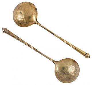 A PAIR OF GILT SILVER RUSSIAN SPOONS, VARIOUS MAKERS, ST. PETERSBURG, CIRCA 1881-1886