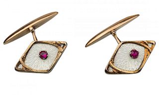 A PAIR OF GOLD CUFFLINKS WITH GUILLOCHE ENAMEL SET WITH RUBIES, MARKED AM, SAINT PETERSBURG, 1908-1916