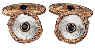 A PAIR OF GEM-SET GOLD AND GUILLOCHE ENAMEL CUFFLINKS, MOSCOW, 1907-1926