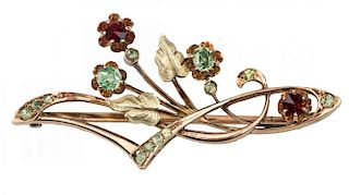 A RUSSIAN YELLOW AND ROSE GOLD FLOWER BROOCH SET WITH GEMS, MARKED MB, MOSCOW, 1908-1926