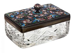 A RUSSIAN SILVER AND ENAMEL MOUNTED CUT GLASS BOX WITH LID, MARIA SEMENOVA, MOSCOW, 1899-1908