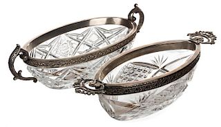 A PAIR OF RUSSIAN SILVER-MOUNTED OVAL CUT GLASS BOWLS, 15TH ARTEL, MOSCOW, 1915-1917