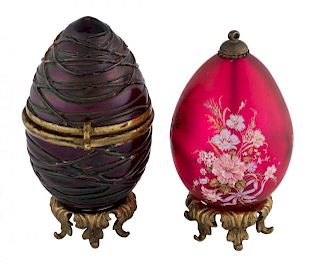 A PAIR OF RUSSIAN GLASS IMPERIAL EASTER EGGS