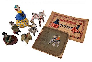 A GROUP OF SIX RUSSIAN FOLK CLAY TOYS AND TWO BOOKS BY A. DENSHIN