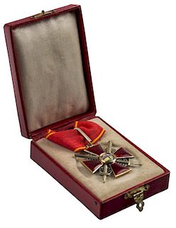 A RUSSIAN GOLD AND ENAMEL ORDER OF ST. ANNE WITH SWORDS, THIRD CLASS, MARKED A-?, AFTER 1908