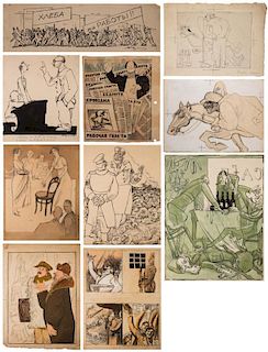 A GROUP OF NINE SOCIAL AND POLITICAL-SATIRIC DRAWINGS BY M. M. CHEREMNYKH (RUSSIAN 1890-1962)