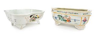 Two Famille Rose Porcelain Cachepots Length 8 3/4 inches.