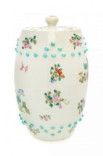 * A Famille Rose Porcelain Barrel-Form Jar and Cover Height 9 1/2 inches.