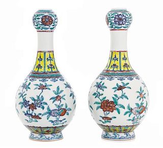 A Pair of Doucai Porcelain Garlic Head Bottle Vases Height 8 1/4 inches.