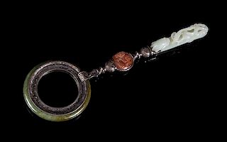 A Jade, Carnelian and Silvered Metal Mounted Magnifying Glass Height 11 7/8 inches.