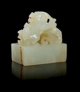 A Celadon Jade Seal Length 1 3/8 x width 7/8 x height 1 1/2 inches.
