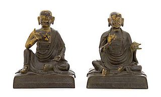 A Pair of Parcel-Gilt Bronze Figures of Luohans Height 5 1/2 inches.