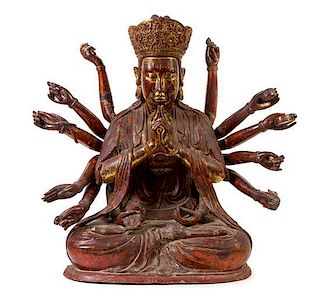 A Large Gilt and Red Lacquered Wood Figure of Buddha Height 35 inches.
