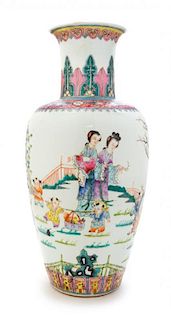 A Famille Rose Porcelain Vase Height 16 3/4 inches.