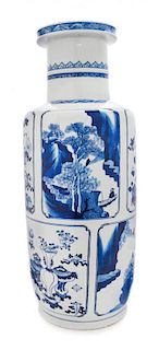 A Blue and White Porcelain Rouleau Vase Height 19 inches.