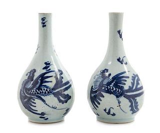 * Two Blue and White Porcelain Bottle Vases Height of taller 7 inches.