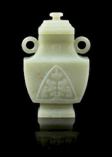 A Celadon Jade Vase and Cover, Fangping Height 4 1/2 inches.