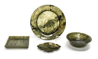 Four Spinach Green Jade Articles, Diameter of largest 6 inches.