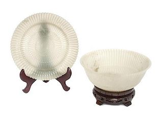 * Two Mughal-Style Carved White Jade Articles Diameter of largest 6 3/4 inches.