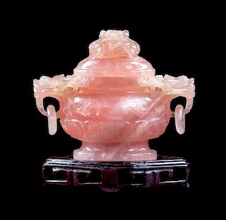 A Carved Rose Quartz Covered Censer Height 5 1/4 inches overall.