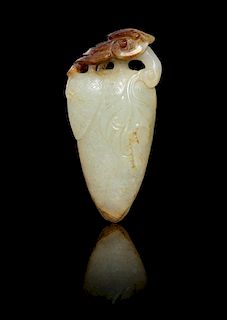 A Pale Celadon and Russet Jade Pendant Length 2 5/8 inches.