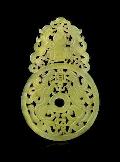 A Yellow Jade Reticulated Yisun Pendant Length 3 inches.