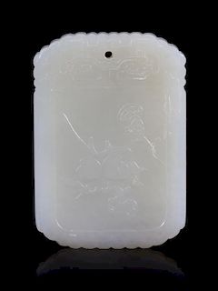 A Pale Celadon Jade Rectangular Pendant Height 2 inches.