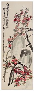After Wu Changshuo, (1844-1927), depicting flowering prunus branches issuing from rockery.