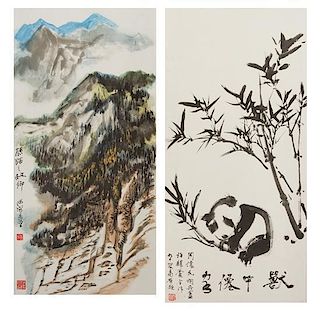 Two Ink and Color Paintings on Paper Height of image of each 17 7/8 x width 8 3/4 inches.