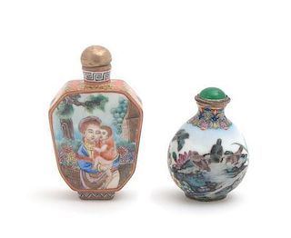 Two Enamel on Porcelain Snuff Bottles Height of taller 2 3/4 inches.