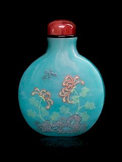 An Enameled on Blue Glass Snuff Bottle Height 2 3/4 inches.