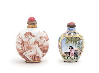 Two Enamel on Copper Snuff Bottles Height of taller 2 7/8 inches.