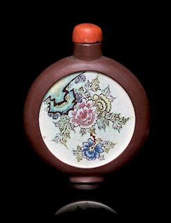 An Enameled Yixing Pottery Snuff Bottle Height of tallest 3 inches.
