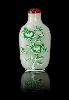 * A Green Overlay "Snowflake" Ground Glass Snuff Bottle Height 3 inches.