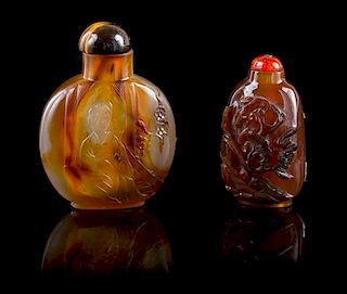* Two Carved Agate Snuff Bottles Height of taller 2 3/4 inches.