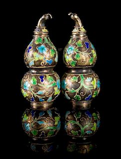 * An Enamel on Silvered Metal Double Gourd-Form Snuff Bottle Height 2 1/4 inches.