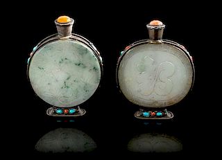 * Two Mongolian Jadeite Inset Metal Snuff Bottle Height of taller 3 1/4 inches.