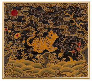 * Two Chinese Embroidered "Tiger" Rank Badges, Buzi Height 9 3/4 x width 10 3/4 inches.