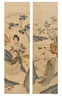 * Two Chinese Kesi Silk Panels Height of each panel 41 1/2 x width 13 1/2 inches.