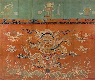 * A Chinese Embroidered Silk Panel Height 32 1/2 x width 39 inches.