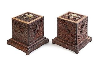 * A Pair of Chinese Jade Mounted Hardwood Seal Boxes Heigt 9 3/4 inches.