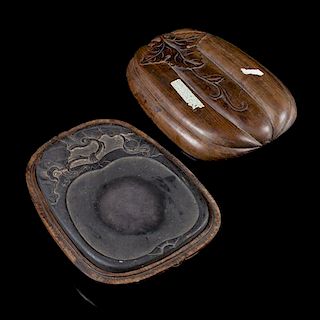 * A Chinese Duan Inkstone Length of box 10 1/2 inches.