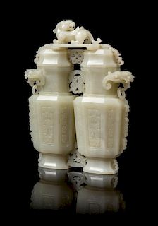* A Chinese White Jade Double Vase Height 8 1/4 inches.