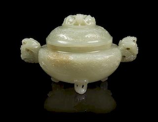 * A Chinese Celadon Jade Covered Censer Width over handles 6 1/2 inches.