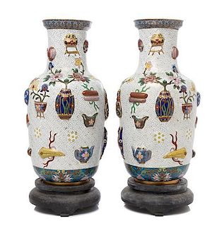 * A Pair of Chinese Cloisonne and Champleve Vases Height without stand 14 inches.